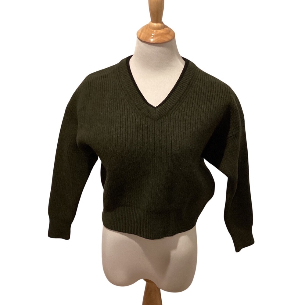 GREY JASON WU V Neck Ribbed Cropped Sweater Olive Green XS